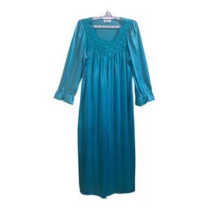 Vintage Vanity Fair Nightgown SZ SM Satin Blue Long Chemise Maxi Slip Dress 70s